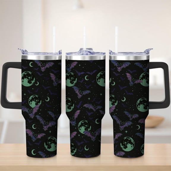 Gothic Bat and Moon Stainless Steel Insulation Mug with Lid and Handle, 30oz