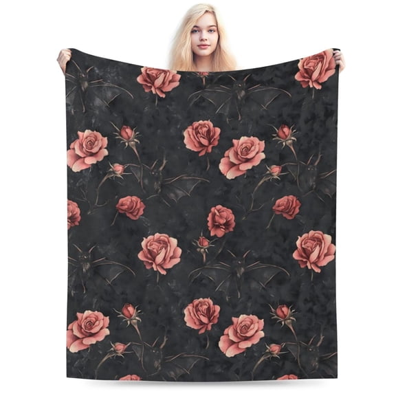 Gothic Bat and Rose Fleece Blanket - Lightweight Soft Cozy 50x40