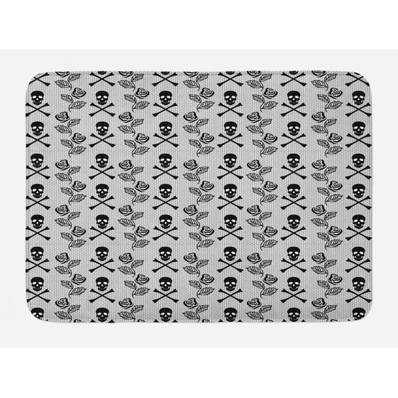Gothic Bath Mat, Monochrome Lace Style Pattern with Romantic Vintage Roses and Skulls Crossbones, Non-Slip Plush Mat Bathroom Kitchen Laundry Room Decor, 29.5 X 17.5 Inches, Black White, Ambesonne