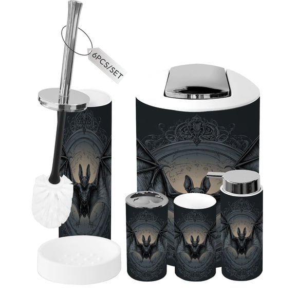 Gothic Bathroom Accessory Set 6 Piece Bat Intricate Wing Dark Ornate Trash can, Toothbrush Holder, Toothbrush Cup, Soap Dispenser, Soap Dish, Toilet Brush Holder