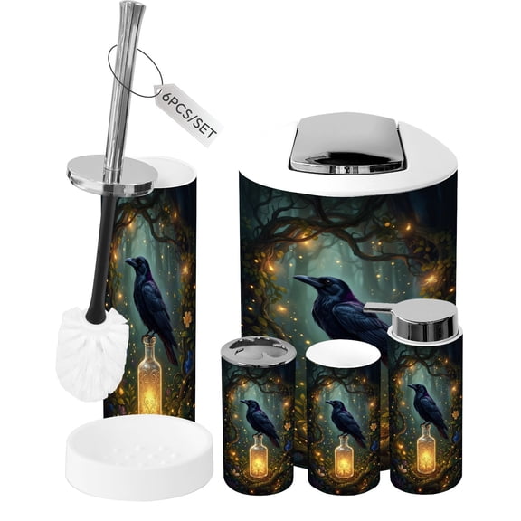 Gothic Bathroom Accessory Set 6 Piece Black Crow Gothic Raven Bird Rustic Flower Black Raven Trash can, Toothbrush Holder, Toothbrush Cup, Soap Dispenser, Soap Dish, Toilet Brush Holder