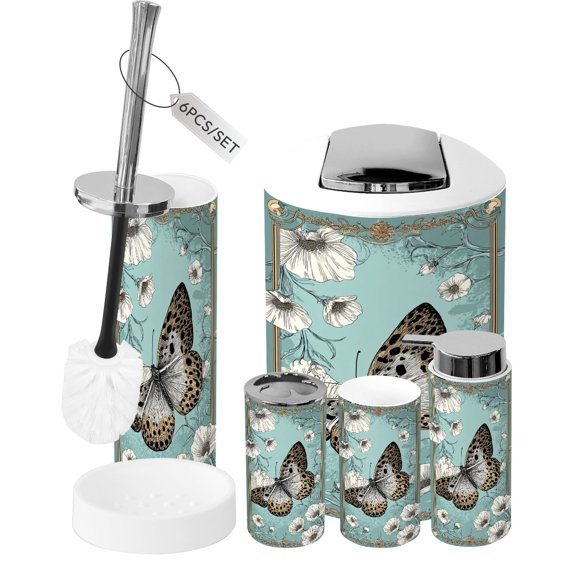 Gothic Bathroom Accessory Set 6 Piece Butterfly Vintage Floral Botanical Art Nouveau Style Trash can, Toothbrush Holder, Toothbrush Cup, Soap Dispenser, Soap Dish, Toilet Brush Holder