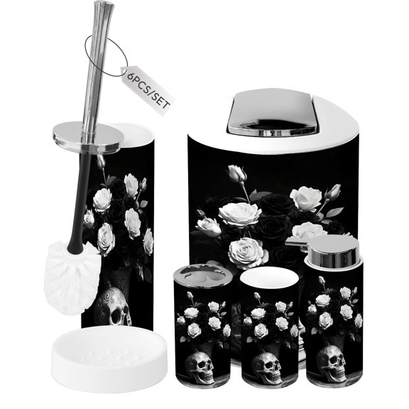 Gothic Bathroom Accessory Set 6 Piece Dark Victorian Gothic Creepy Dark Moody Human Skull Vase Trash can, Toothbrush Holder, Toothbrush Cup, Soap Dispenser, Soap Dish, Toilet Brush Holder