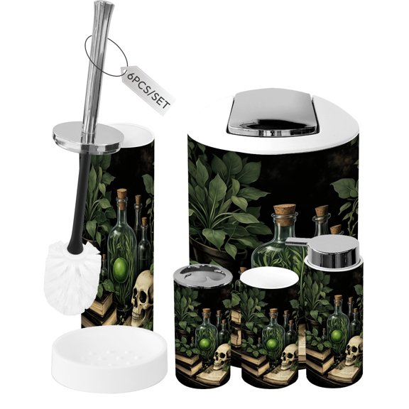 Gothic Bathroom Accessory Set 6 Piece Gothic Dark Botanical skull magic book Black Trash can, Toothbrush Holder, Toothbrush Cup, Soap Dispenser, Soap Dish, Toilet Brush Holder
