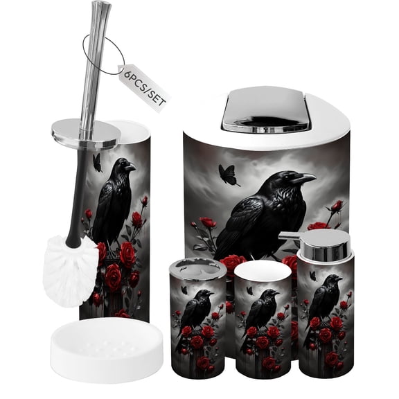 Gothic Bathroom Accessory Set 6 Piece Gothic Romantic Rose Dark Goth Crow Skull Black Raven Red Trash can, Toothbrush Holder, Toothbrush Cup, Soap Dispenser, Soap Dish, Toilet Brush Holder