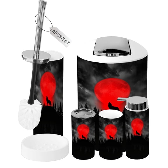 Gothic Bathroom Accessory Set 6 Piece Gothic Wolf Red Moon Forest Night Silhouette Fantasy Trash can, Toothbrush Holder, Toothbrush Cup, Soap Dispenser, Soap Dish, Toilet Brush Holder
