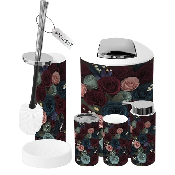 Gothic Bathroom Accessory Set 6 Piece Modern Maroon Navy Flowers dark Academia Romantic Trash can, Toothbrush Holder, Toothbrush Cup, Soap Dispenser, Soap Dish, Toilet Brush Holder