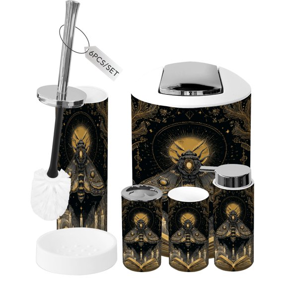 Gothic Bathroom Accessory Set 6 Piece Mystical Moth Open Magic Book Candles Black Gold Occult Trash can, Toothbrush Holder, Toothbrush Cup, Soap Dispenser, Soap Dish, Toilet Brush Holder
