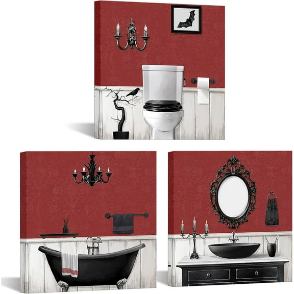 Gothic Bathroom Decor Goth Bathroom Wall Art Framed Ready to Hang 12x12inchx3Pieces (Red)