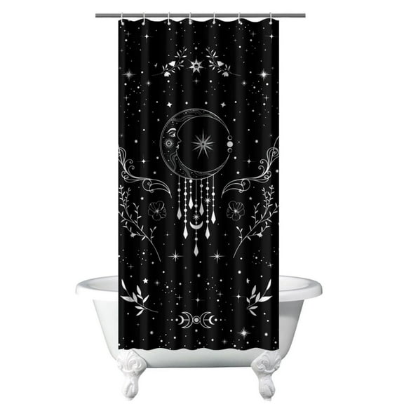 Gothic Bathroom Shower Curtain Celestial Sunburst Moon Star Night Theme, Astral Dark Aesthetic Waterproof Fabric Curtain with Hooks, Mystical Art for Airbnb, Spa, Apartments
