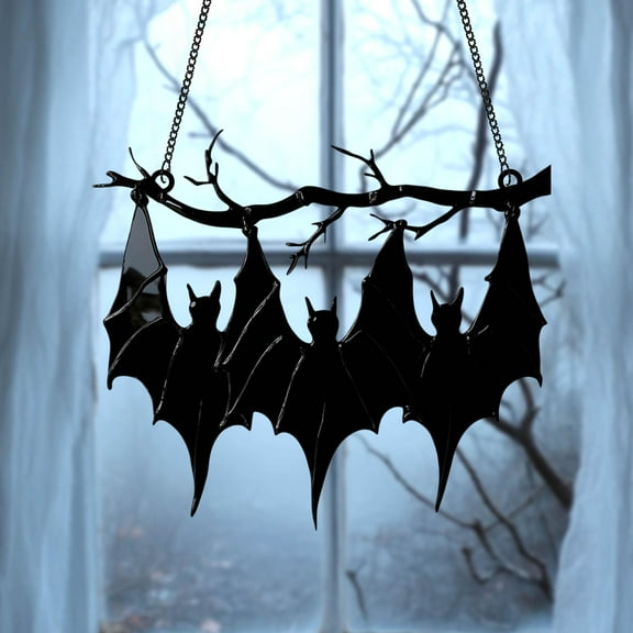 Gothic Bats On Branch Wavy Acrylic Window Hanging Suncatcher, Black Silhouette Bat Faux Wavy Acrylic Wall Ornament, Spooky Halloween Decor Gift