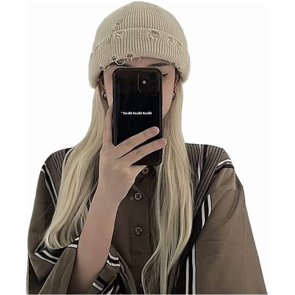 Gothic Beanie Hats for Women Men Winter Y2k Metal Rings Knit Skull Cap Emo Grunge Punk Streetwear Trendy Accessories