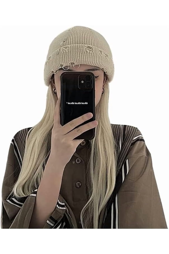 Gothic Beanie Hats for Women Men Winter Y2k Metal Rings Knit Skull Cap Emo Grunge Punk Streetwear Trendy Accessories