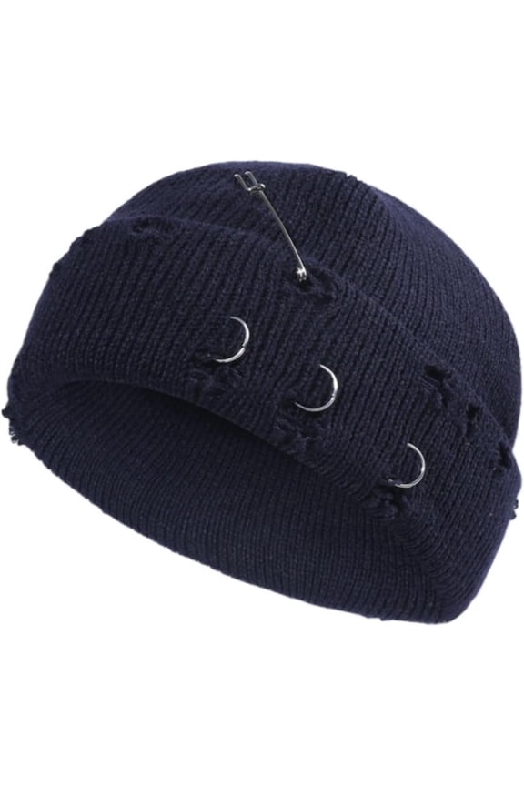 Gothic Beanie Hats for Women Men Winter Y2k Metal Rings Knit Skull Cap Emo Grunge Punk Streetwear Trendy Accessories