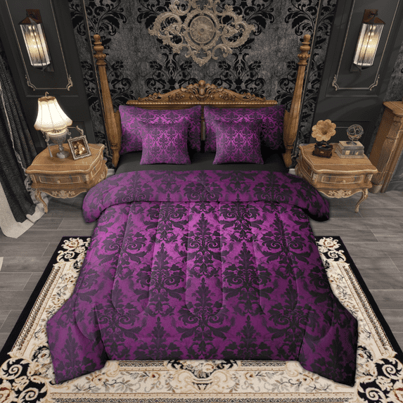 Gothic Bed in a Bag King Size Comforter Set 7 Pieces,Adults Black Damask Bedding Sets,Victorian Sheet Set with Comforter Vintage Baroque Goth Antique Black Floral Bohemian Decor,Purple