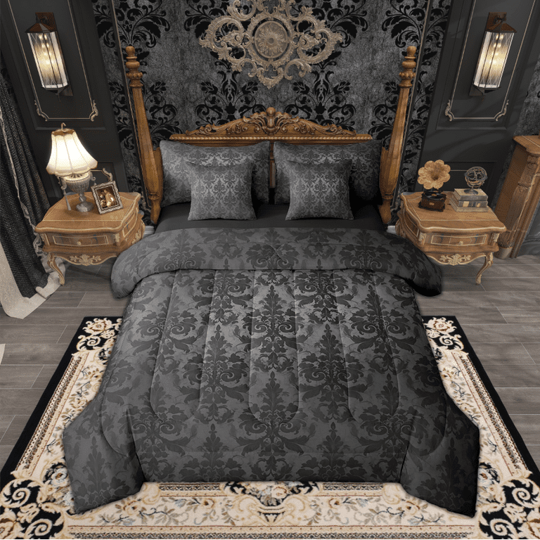 Homewish Grijs-zwart damast beddengoedset voor tweepersoonsbed, voor kinderen, tieners, volwassenen, vintage beddengoedset met koninklijke barokke beddengoedsets en linnen, Victoriaans klassiek