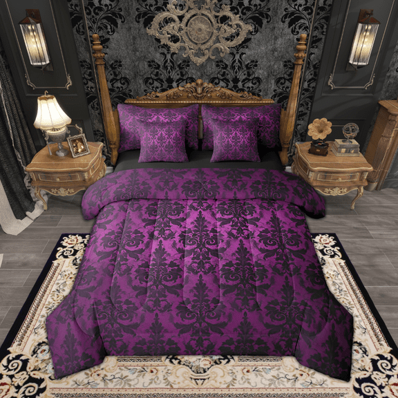 Gothic Bed in a Bag Queen Comforter Set 7 Piece,Adults Black Damask Bedding Sets,Victorian Sheet Set with Comforter Vintage Baroque Goth Antique Black Floral Bohemian Decor,Purple