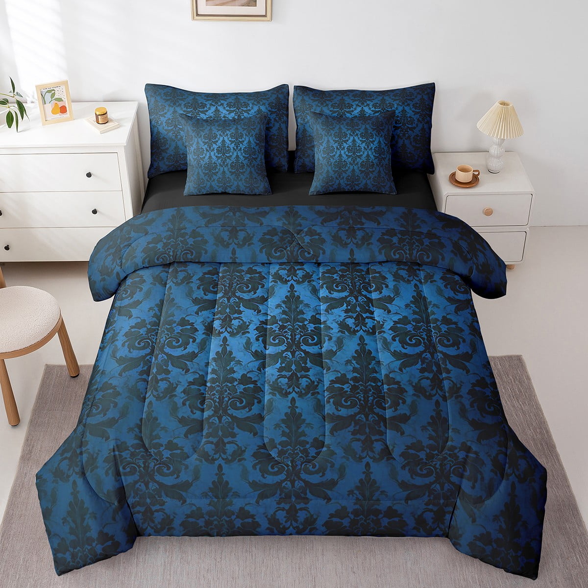 Gothic Bed in a Bag Queen Comforter Set 7 Piece Adults Black Damask Bedding Sets Victorian Sheet Set with Comforter Vintage Baroque Goth Antique Black Floral Bohemian Decor Blue Walmart
