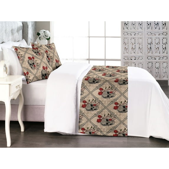 Gothic Bed Runner Set, Skull Face Impressions Branches of Roses Crossing Bones Grunge, Decorative Bedding Scarf & 2 Pillow Shams for Hotels Homes, Queen, Ecru Taupe Grey and Scarlet, by Ambesonne
