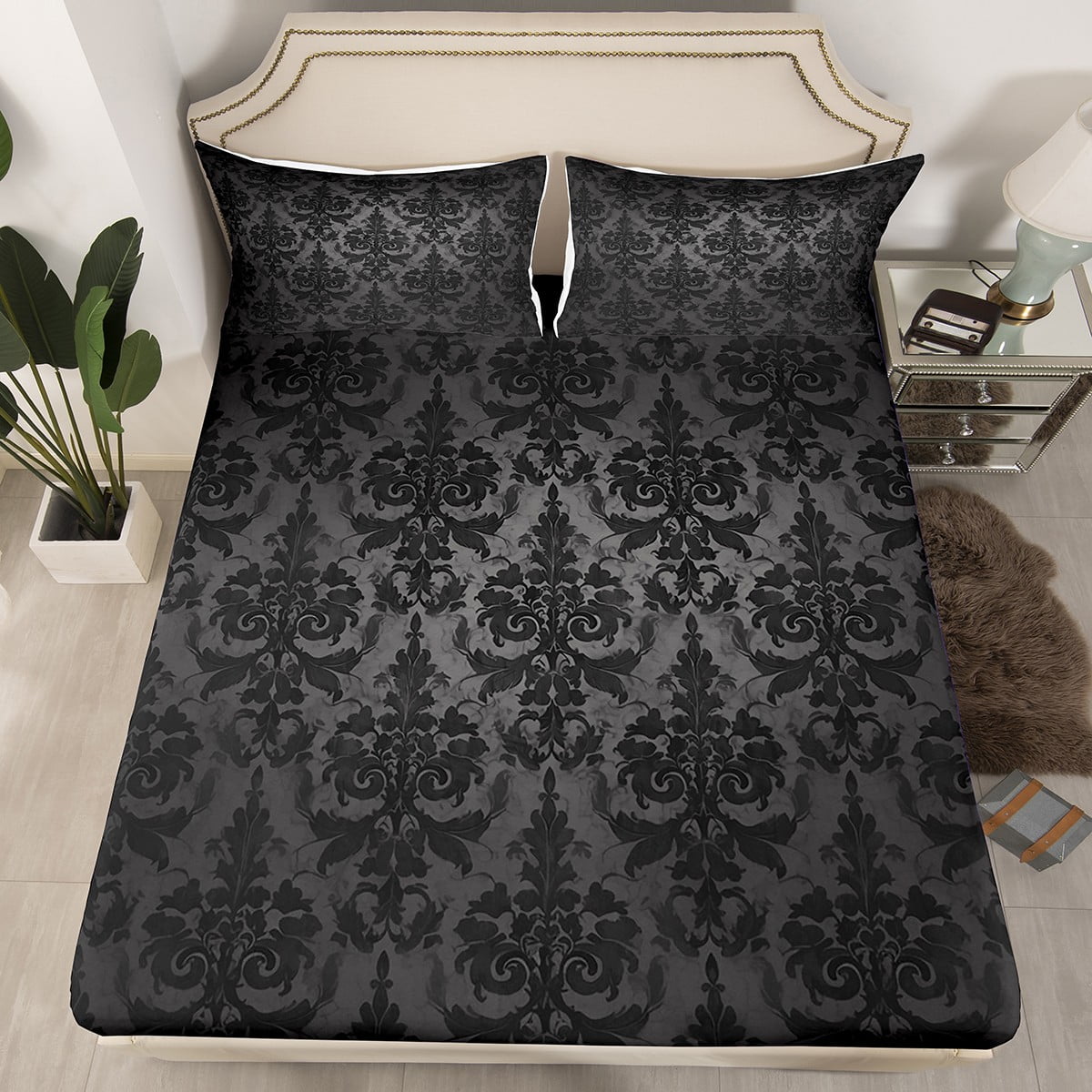 Gothic Bed Sheets Adults Black Damask Fitted Sheet,Victorian Sheets ...