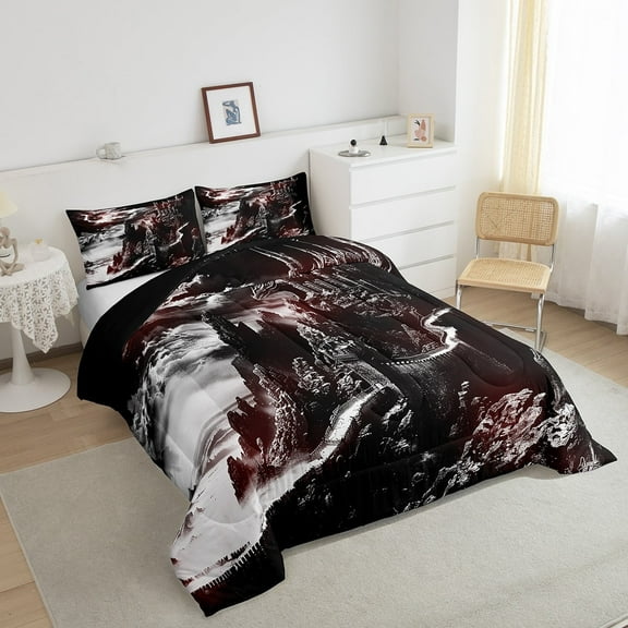 Gothic Bedding Set Dragon Quilt Fantasy Castle Dark Sky Comforter Set Queen,Vintage Mythical Animal Duvet Insert Antique Prehistoric Room Decor Aesthetic,Black Red