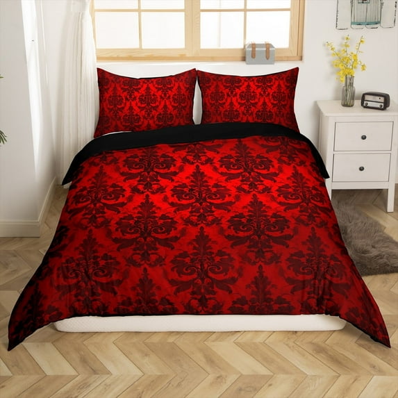 Gothic Bedding Sets Adults Black Damask Duvet Cover Set,Victorian Comforter Cover King Vintage Baroque Goth Bed Set Antique Black Floral Bohemian Decor,Red