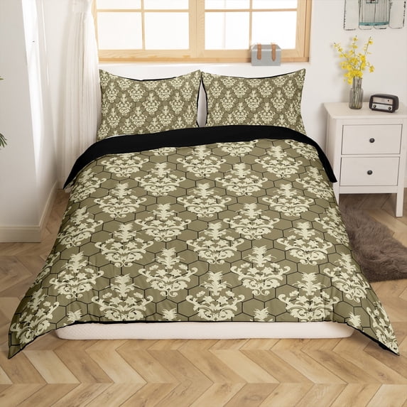 Gothic Bedding Sets Adults Black Damask Duvet Cover Set,Victorian Comforter Cover Queen Vintage Baroque Goth Bed Set Antique Black Floral Bohemian Decor,Creamy White