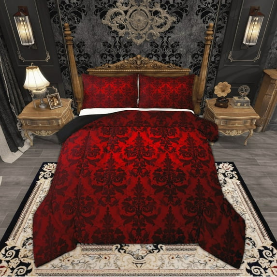 Gothic Bedding Sets Victorian Comforter Set,Black Damask Comforter Set King,Vintage Baroque Goth Bed Set Black Floral Comforter Set Bohemian Decor,Red