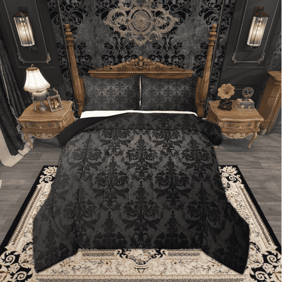 Gothic Bedding Sets Victorian Comforter Set,Black Damask Comforter Set Queen,Vintage Baroque Goth Bed Set Black Floral Comforter Set Bohemian Decor,Grey