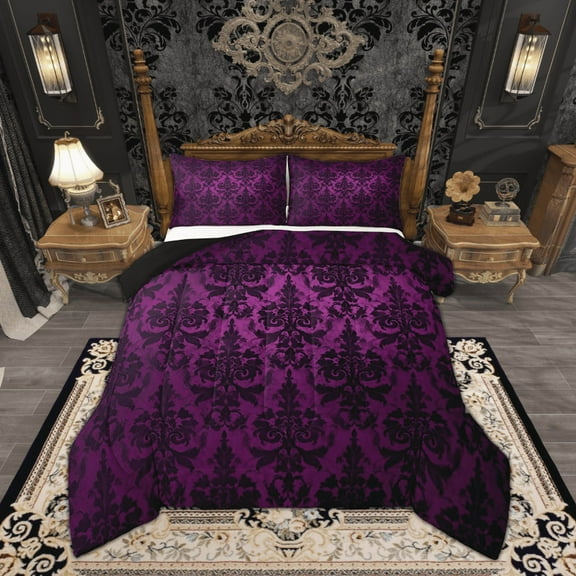 Gothic Bedding Sets Victorian Comforter Set,Black Damask Comforter Set Queen,Vintage Baroque Goth Bed Set Black Floral Comforter Set Bohemian Decor,Purple