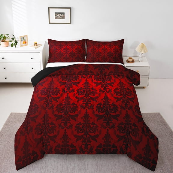 Gothic Bedding Sets Victorian Comforter Set,Black Damask Comforter Set Queen,Vintage Baroque Goth Bed Set Black Floral Comforter Set Bohemian Decor,Red