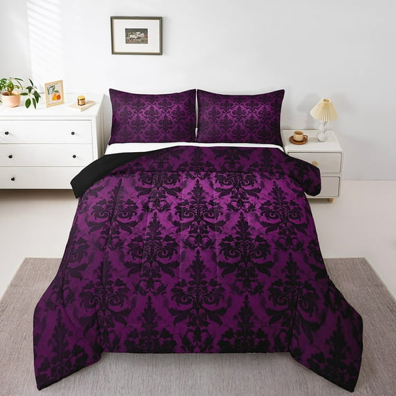 Gothic Bedding Sets Victorian Comforter Set,Black Damask Comforter Set,Vintage Baroque Goth Bed Set Black Floral Comforter Set Bohemian Decor,Purple