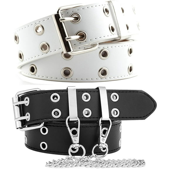 Gothic Belt Double Grommet Buckle Leather Belt for Mens Women Jeans Fashion Belt Punk Rock y2k with Chain