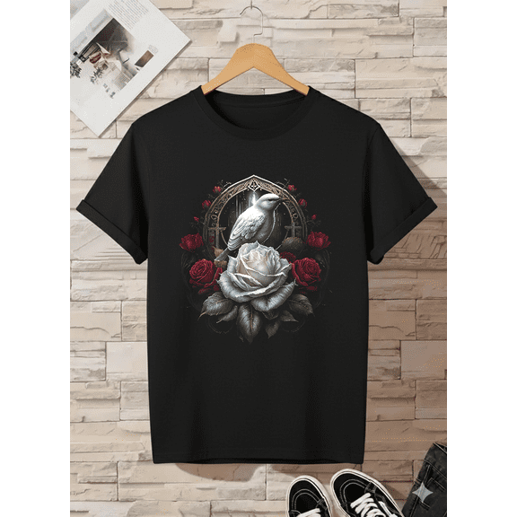 Gothic Bird And Rose Dark Aesthetic Mirror Art Unisex T-Shirt V11259, up to size 5XL