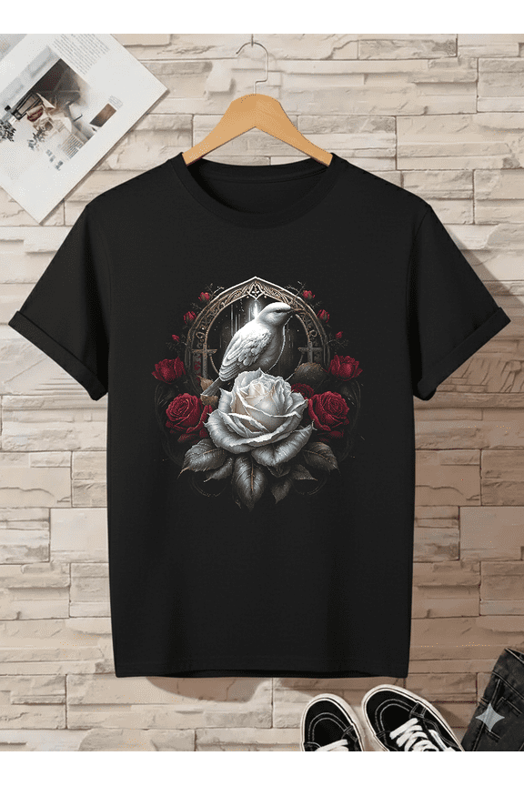 Gothic Bird And Rose Dark Aesthetic Mirror Art Unisex T-Shirt V11259, up to size 5XL