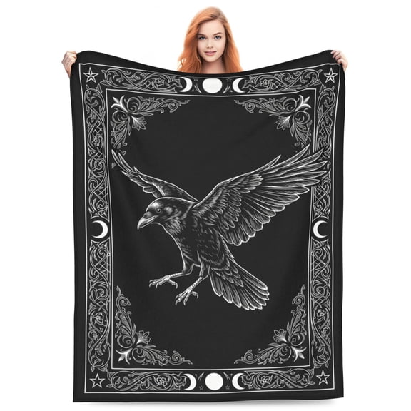 Gothic Bird Blanket, Black Raven Crow Hummingbird Throw Blanket, Soft Plush Flannel Blanket for Sofa Couch Bed, Retro Nature Animal Home Decor Gift 50x40