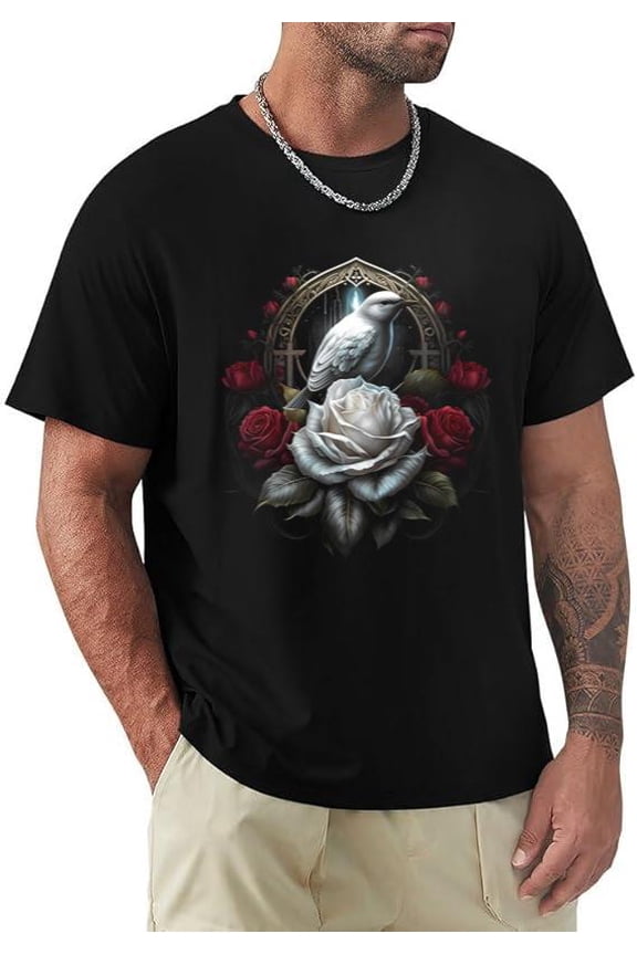 Gothic Bird Rose Mirror Dark Academia Macabre Art Graphic T-shirt, for men & women, up to size 5XL.