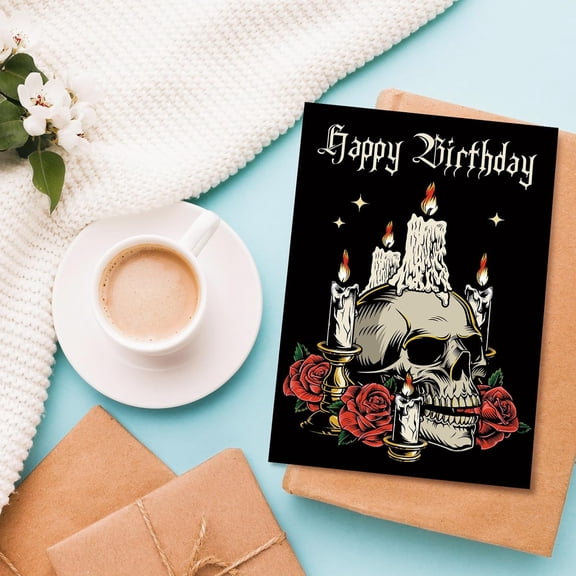 Gothic Birthday Card with Skull and Candles Unique Design for Dark Humor Lovers Blank Inside for Personal Messages Perfect for Friends and Family Birthdays