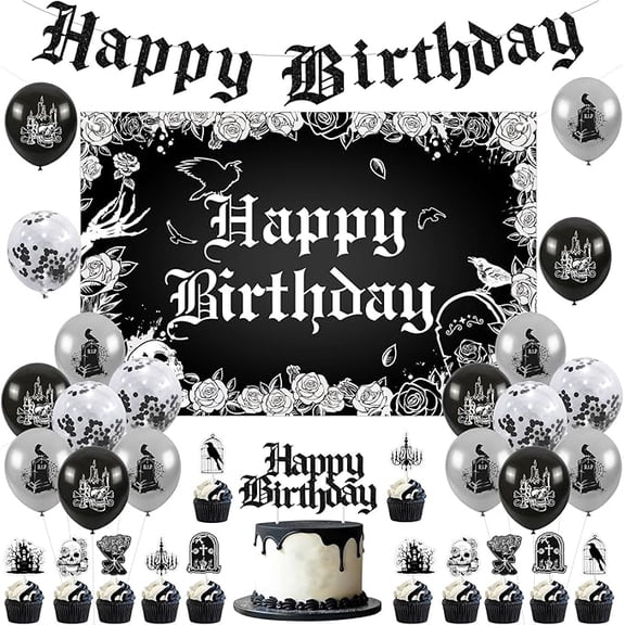 Gothic Birthday Decorations, Skull Theme Happy Birthday Backdrop Cake Topper Banner, Black Silver Cupcake Picks Balloons Bday Party Supplies Photography Background for Men Women