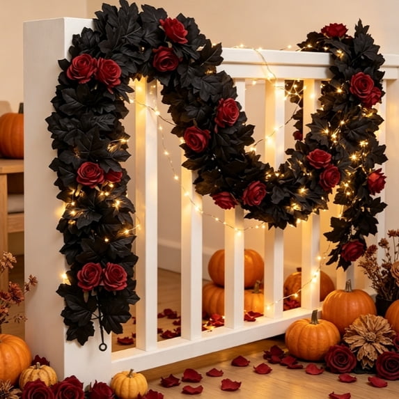Gothic Black Artificial Vine Garland Decorated with Red Roses, Indoor Hanging Ornament for Wall Mantle Door Frame, Multiple Length Options for Home Scene Layout