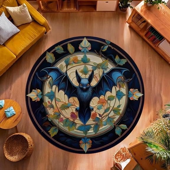 Gothic Black Bat Round Area Rug, Celestial Night Sky Circle Carpet for Bedroom, Study or Office, Soft Washable Non-Slip Floor Mat, Spooky Alternative Decor