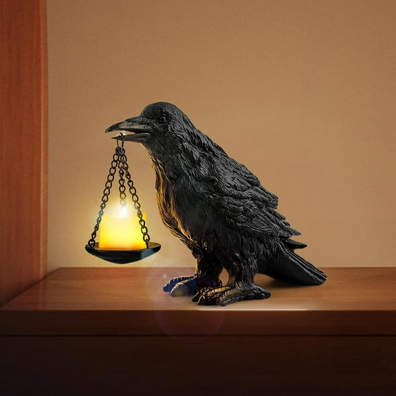 Gothic Black Bird Tealight Holder Halloween Decorations Indoor Raven Lamp Tealight Candle Holder Resin Statue Halloween Fake Crow Candle Holder Table Decorations