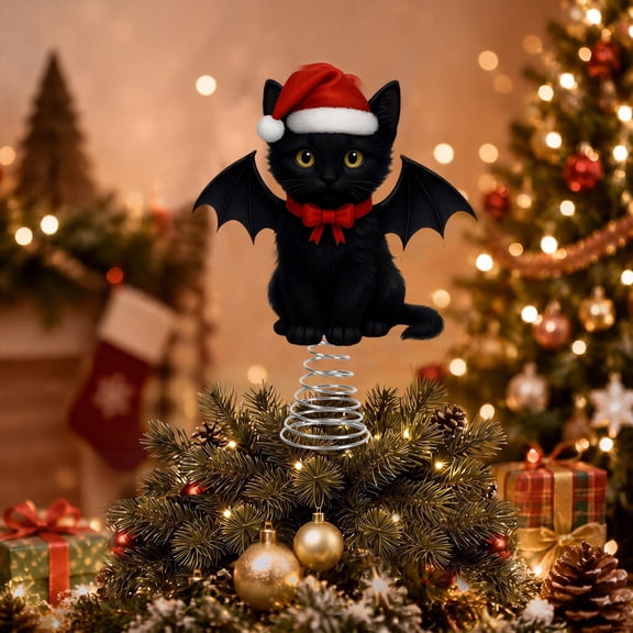 Gothic Black Cat Christmas Tree Topper, Spooky Cute Devil Cat with Bat Wings & Santa Hat, 11.5" PVC Holiday Decoration for Xmas Tree, Alternative Home Decor Gift for Cat Lovers