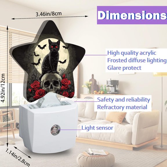 Gothic Black Cat Night Light for Kids,Halloween Skull Bat Rose Flower Night Lights Plug Into Wall, Lightweight Dusk To Dawn Light Sensor Warm Nightlights for Girls Boys Bedroom Nursery Basement