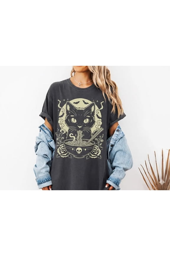 Gothic Black Cat Ramen Shirt, Witchy Inspired Graphic Illustration Design Comfort Colors Unisex Cotton T-Shirt, Size S-3XL