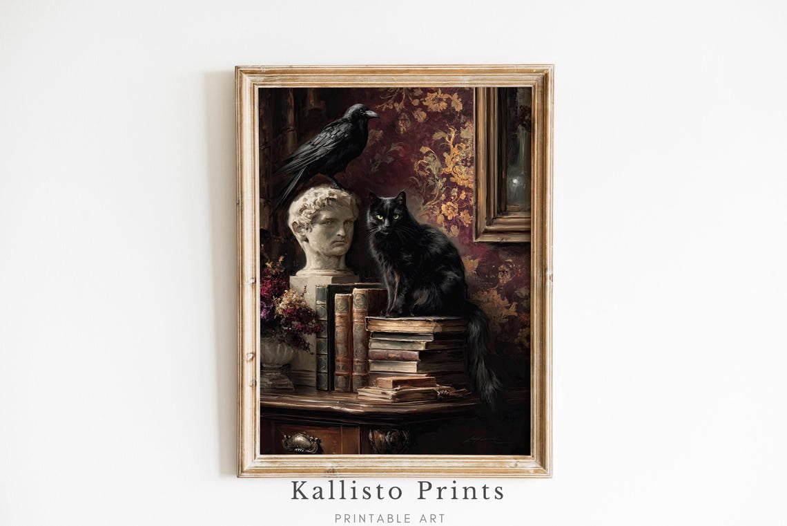 Gothic Black Cat & Raven Print Poster Dark Academia Wall Art, Haunted ...