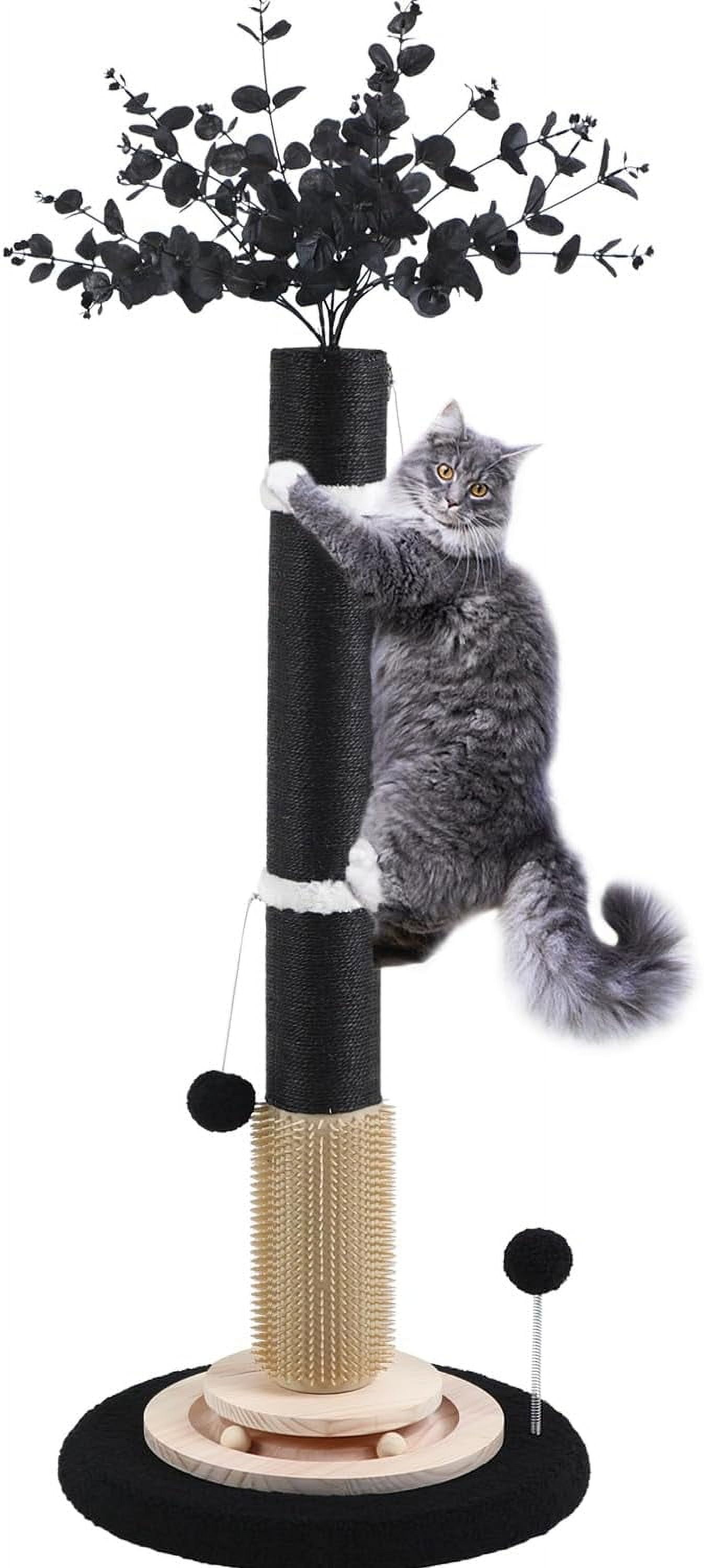 Gothic Black Cat Scratching Post with Sisal Rope, Interactive Ball Toys, and Self-Groomer Brush for Large Indoor Cats