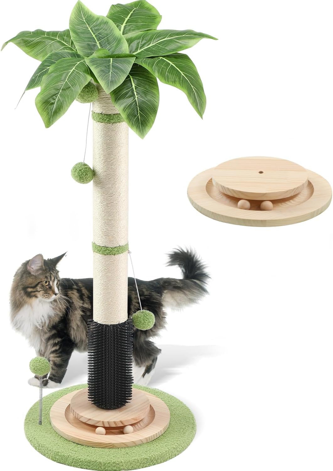 Gothic Black Cat Scratching Post with Sisal Rope, Interactive Ball Toys, and Self-Groomer Brush for Large Indoor Cats