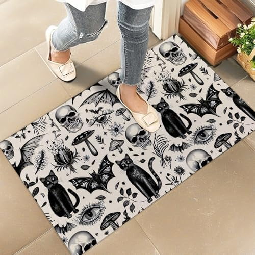 Gothic Black Cat and Skull Indoor Door Mat 16x24 Inch Floor Doormat with Vintage Occult Design, for Porch Insider,Bedroom,Living Room Halloween Goth Decor Rug Gifts.