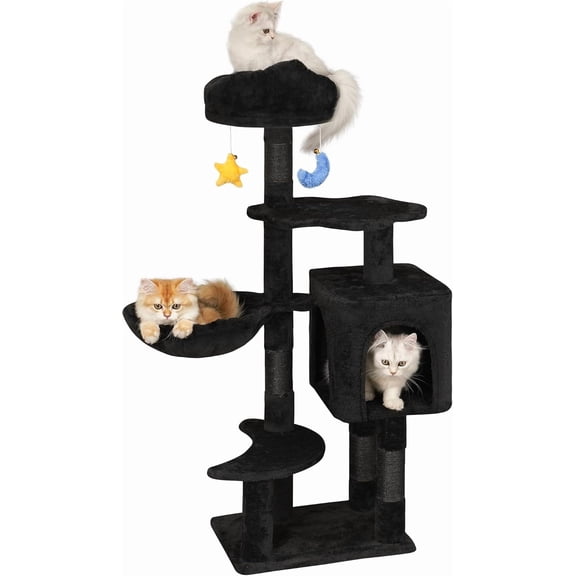 Gothic Black Cat Tree for Indoor Kittens & Small Cats Under 6 Months 9lbs, 43-Inch Cute Cat Tower with Scratching Post, Cat Condos, Cozy Hammock, Unique Perch & Dangling Toy